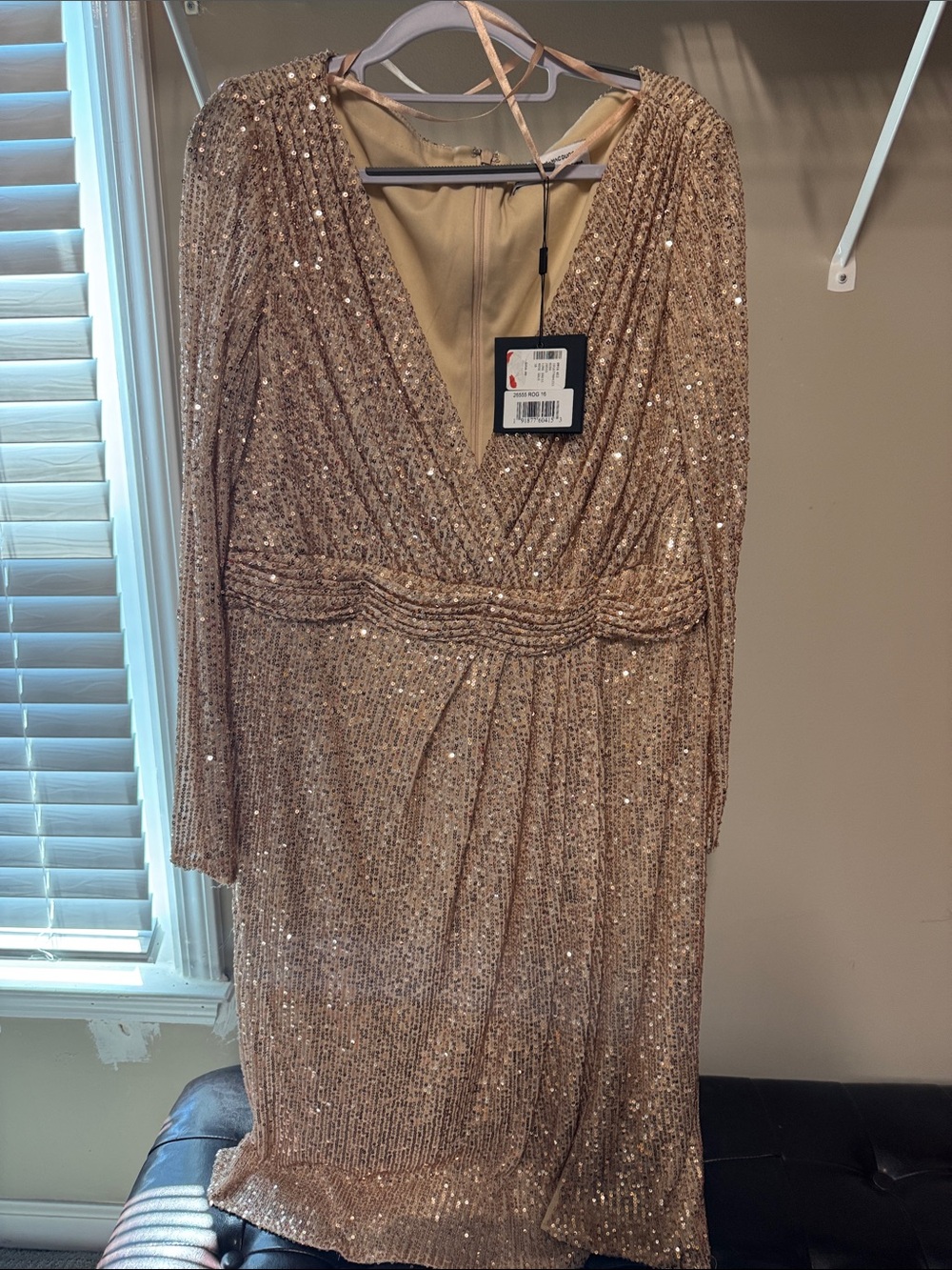 Mac Duggal Rose Gold Long Sleeve Sequin V-Neck Dress